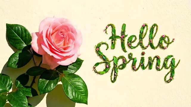 A beautiful soft pink rose with vibrant green leaves contrasts elegantly beside the phrase "hello spring" crafted from delicate moss and tiny blossoms.