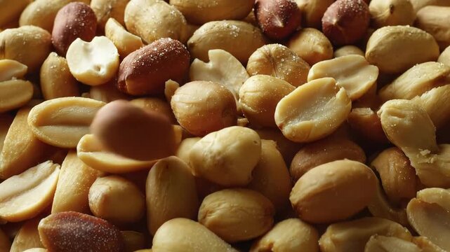 This macro close-up footage captures a delightful and abundant pile of roasted peanuts, showcasing their rich textures and appetizing appeal. The scene features a mix of whole, shelled nuts with their
