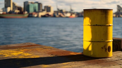 Naklejka premium Abandoned Radioactive Barrel Reflects Urban Skyline A Somber Environmental Cautionary Tale