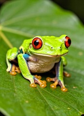 Obraz premium Red-Eyed Frog on Leaf with Green Background