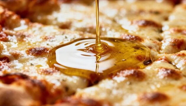 olive oil drizzling on hot pizza surface perfect for international pizza day