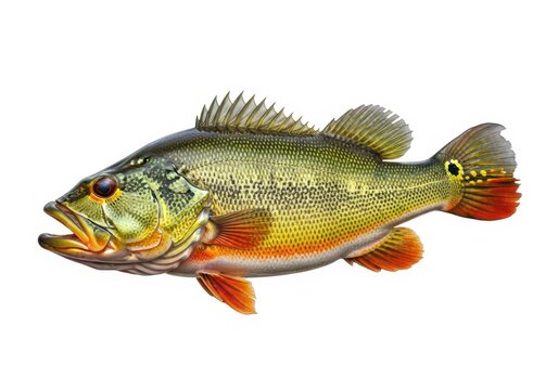 Vibrant freshwater peacock bass fish isolated against a isolated on white background