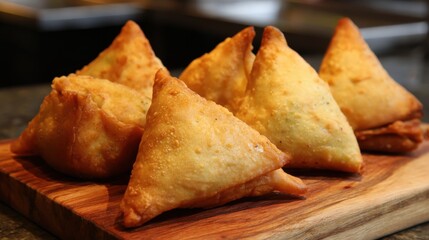 Golden fried savory pastries on wooden board