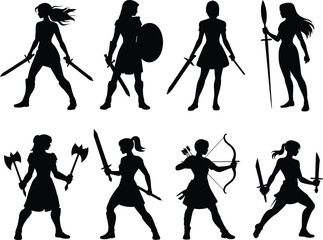 Obraz premium Female warrior silhouettes, black vector icons, combat poses, weapon styles, sword shield axe, battle clipart, fighter bundle, silhouette set, dynamic stance, heroic figure, warrior woman,