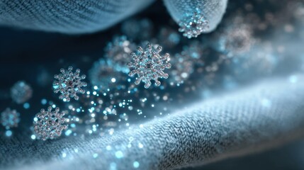 Microscopic virus particles on textured fabric surface