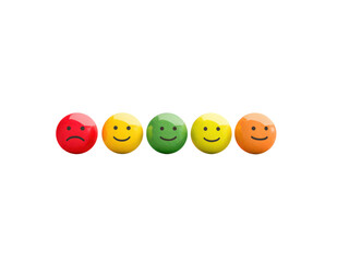 A row of five smiling faces with different colors