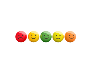 A row of five smiling faces with different colors