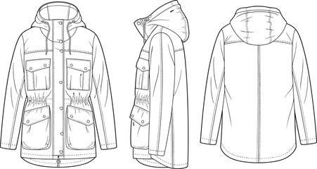 Hooded parka jacket, technical fashion sketch, front, side, back view, flap pockets, drawstring waist, garment design, vector © Shoriful
