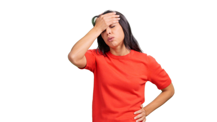 Woman suffering headache or migraine pain, transparent background