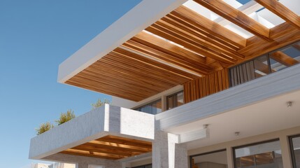 Naklejka premium Modern architectural design of a house featuring wooden elements and a spacious balcony under a clear blue sky