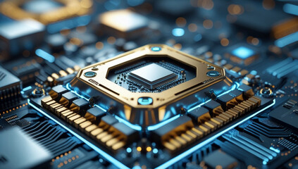 Futuristic CPU Processor with Glowing Blue Circuits and Metallic Details