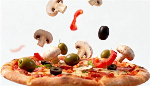 floating 3d ingredients falling on spinning pizza perfect for international pizza day