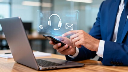 Businessman using smartphone with holographic interface