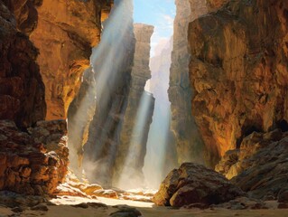 Sunlight beams through dramatic desert canyon walls