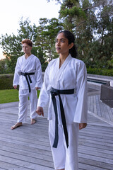 Diverse martial arts partners standing ready on wooden deck wearing gis, black belts, copy space