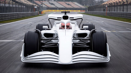 Obraz premium white racing car with a pilot in a pink helmet moving fast on the empty track highlighting symmetry and aerodynamics of a professional formula one car in the championship of 2026