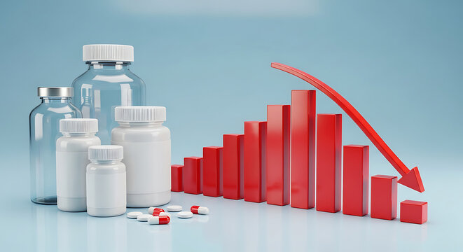 Medical supplies and red bar graph declining sharply on blue surface viewed from slightly above
