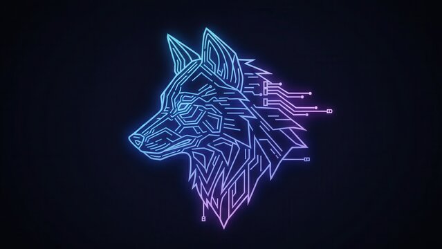 Striking digital wolf head with glowing neon circuit lines and vibrant gradient colors on a dark