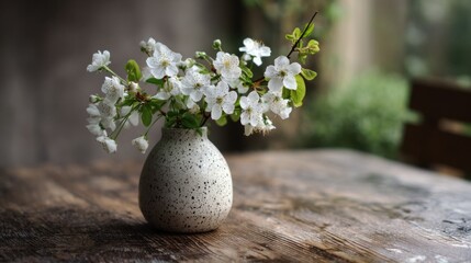 White cherry blossoms in speckled vase on rustic table
