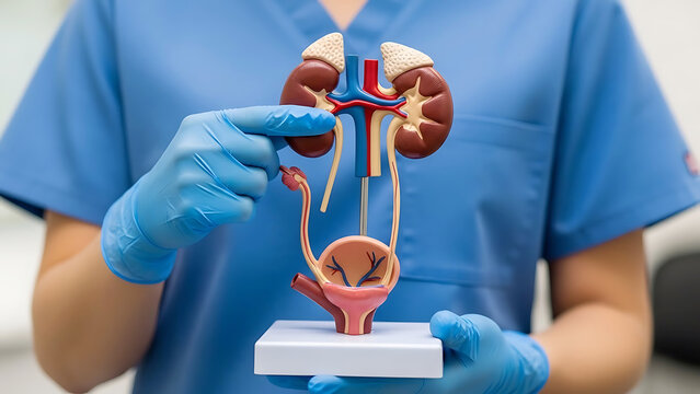 Medical holding anatomical model of kidneys and urinary system