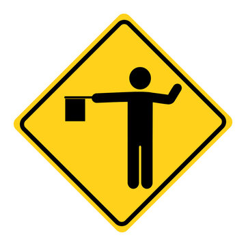 Flagman ahead sign, Traffic signs, People waving flags, Drive slowly and be more careful. Flat vector illustration design
