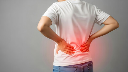 Person in white shirt holding lower back in pain against gray background