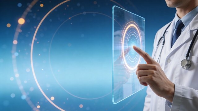 Doctor interacting with futuristic digital screen - Powered by Adobe
