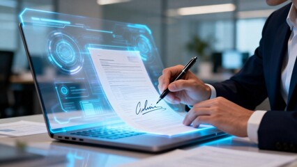 Businessman signing document on futuristic laptop
