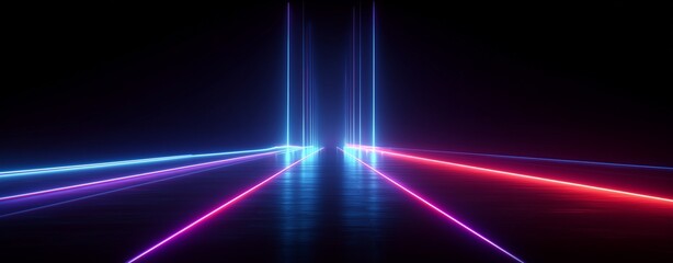 Abstract neon light trails on a dark background: Captivating abstract perspective of light trails. The vibrant neon light gracefully traces paths across a dark expanse.