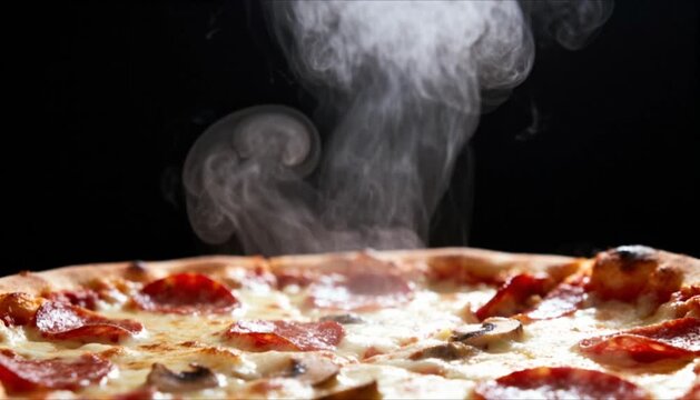 Macro fresh pizza steam on black background perfect for International Pizza Day