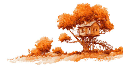 Wooden treehouse cabin in autumn forest illustration elevated house stairs balcony rustic outdoor scene isolated on white background