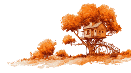 Wooden treehouse cabin in autumn forest illustration elevated house stairs balcony rustic outdoor scene isolated on white background