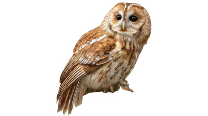 Brown owl bird wildlife portrait perched detailed feathers nocturnal predator forest avian animal profile isolated on white background
