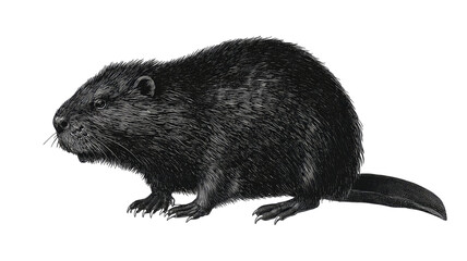 Black beaver animal illustration side view detailed fur texture wildlife rodent mammal profile isolated on white background