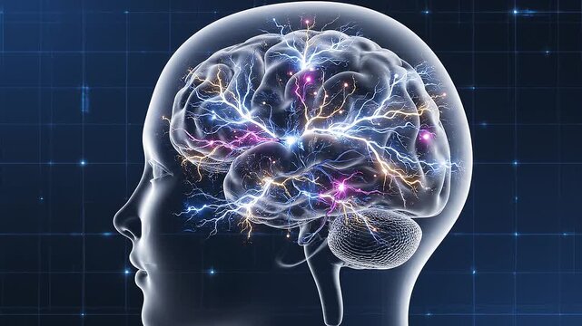 Ultra-realistic 3D medical animation of human brain activity shown through a transparent head profile, featuring glowing neural connections firing dynamically. Set against a deep blue futuristic backg