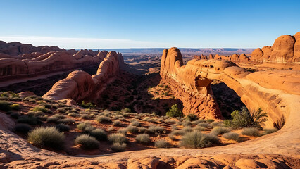 Stunning desert landscape with red rock formations and shrubs