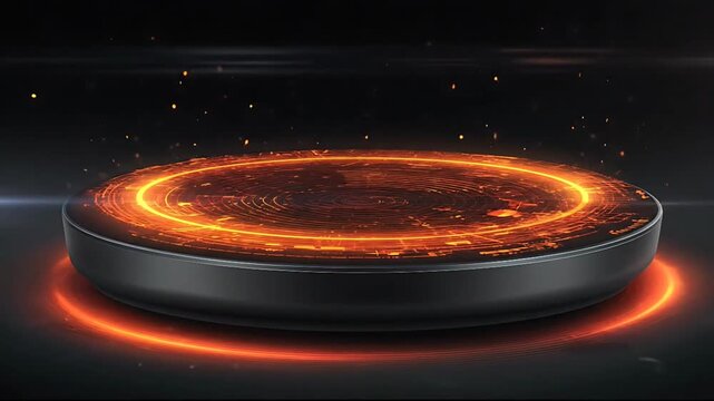 A glowing ring surrounds a dark circular platform in a dimly lit environment from a slight overhead viewpoint