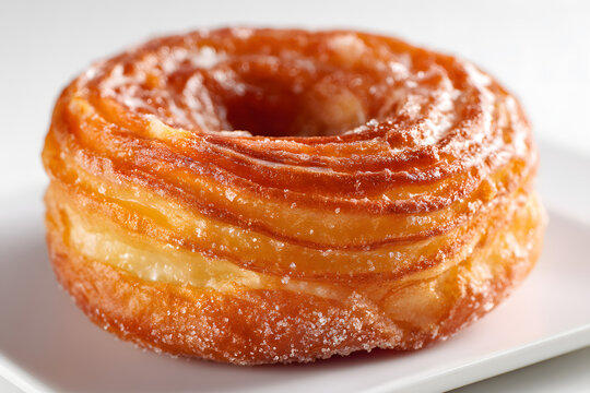 Deliciously Flaky Cronut on Plate - A Gourmet Treat Blending Croissant and Donut Textures