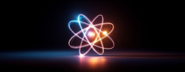 Glowing Atom: A luminous atom model, rendered with a mesmerizing glow, pulsates against a stark backdrop, illustrating the fundamental building block of all matter.