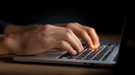 Hands typing on a laptop keyboard in a dark focused environment signifying digital work
