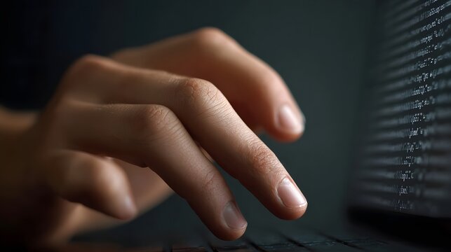 Close up view of a person s hand typing code on a computer keyboard with blurred lines of text on the screen in a dark setting
