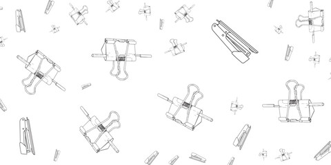 Obraz premium Seamless pattern of binder clips and staplers on white background, office supplies