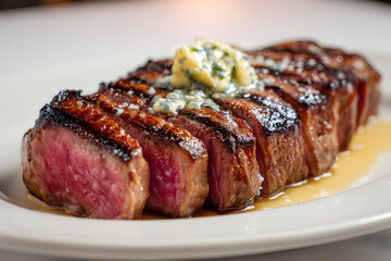 High Angle Professional Shot of Grilled Steak with Butter on Plate