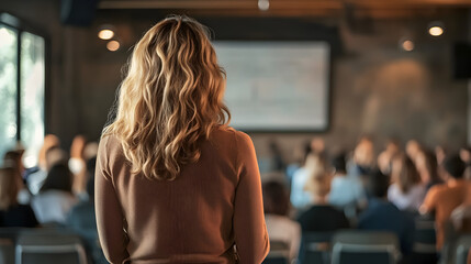 Woman leads business training seminar for employees in conference room with projector screen