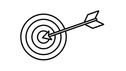 Simple black and white line art icon illustrating an arrow precisely hitting the bullseye center of a target symbol.