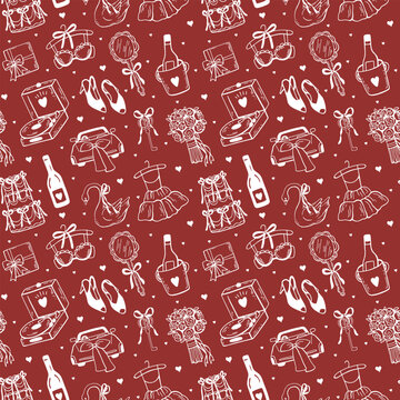 Seamless red wedding pattern with whimsical swan, cake, dree, shoes, flowers, Hand drawn quirky wedding, party illustration