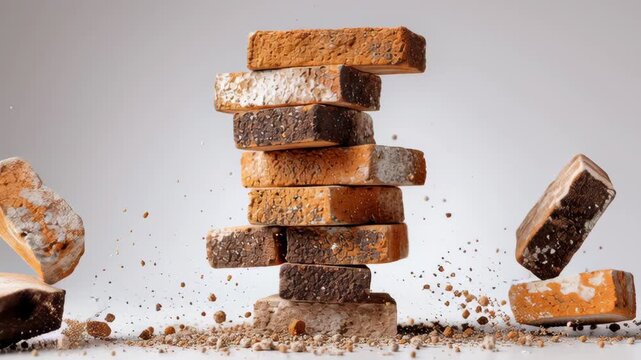 Dynamic sequence of falling bricks in mid-air creating a cascade of dust and debris, showcasing the impact of gravity on stacked building materials in a visually striking arrangement