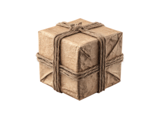 A brown cardboard box with a rope tied around it