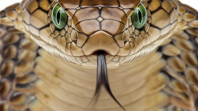 Macro Portrait of a King Cobra Snake with Intense Green Eyes and Detailed Scales Isolated on White Background