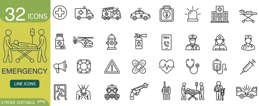 Emergency icon set with medical and healthcare symbols for urgent rescue. collection of outline graphics for police, firefighter, safety, and hospital services in crisis